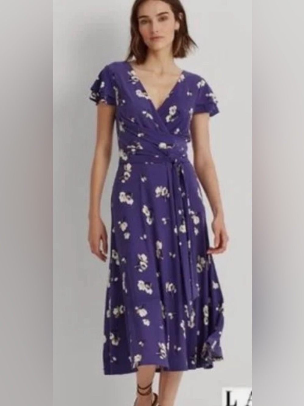 Lauren Ralph Lauren Floral Jersey Faux Wrap Belted Midi Dress Size 10